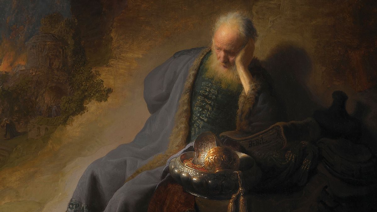 Rembrandt painting of the prophet Jeremiah resting his head on his hand as Jerusalem burns in the background