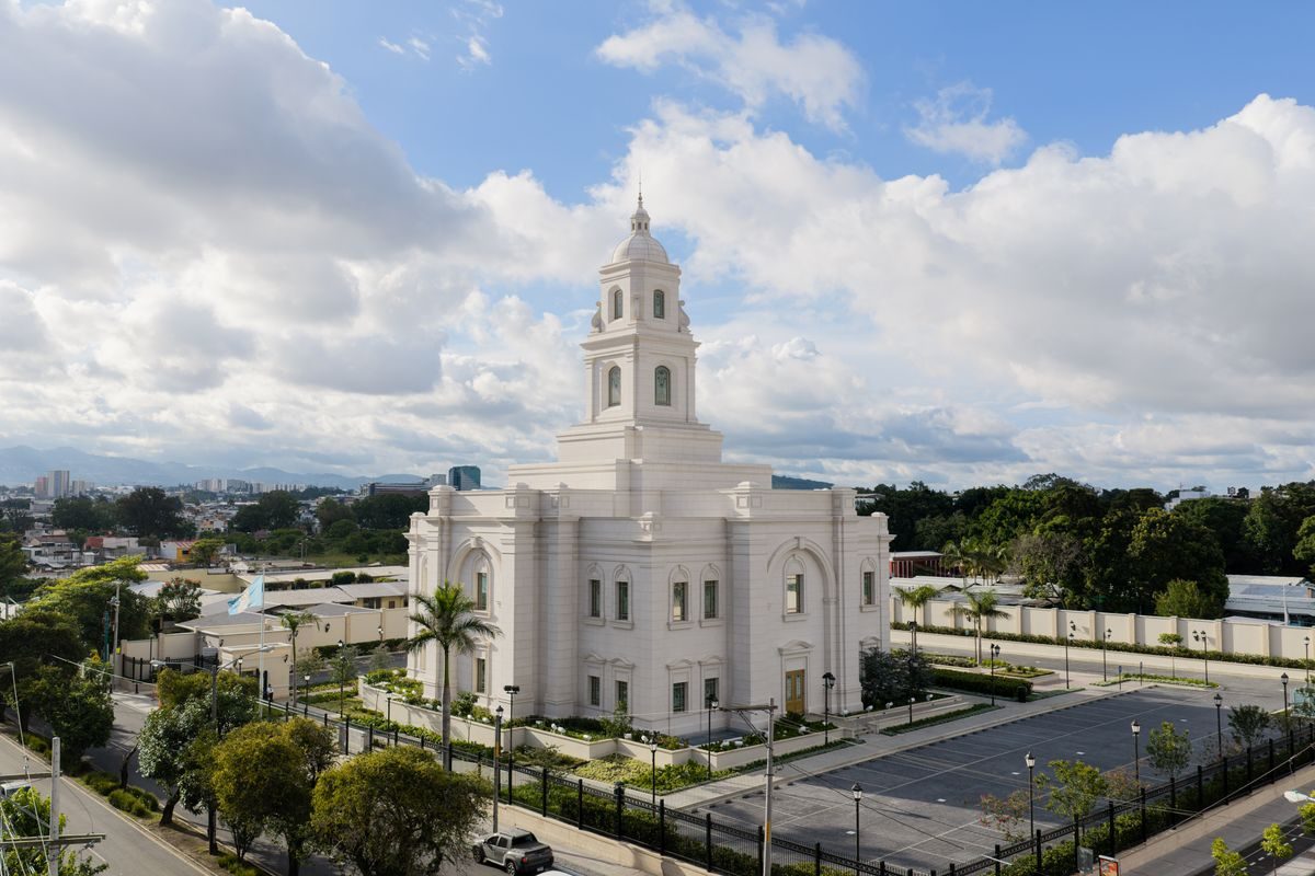 The Miraflores Guatemala City Guatemala Temple with a central tower, seen from above