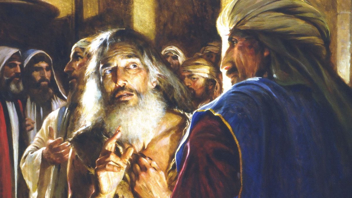 Painting of the prophet Jeremiah, white-bearded, speaking to a man in a blue robe amid a crowd