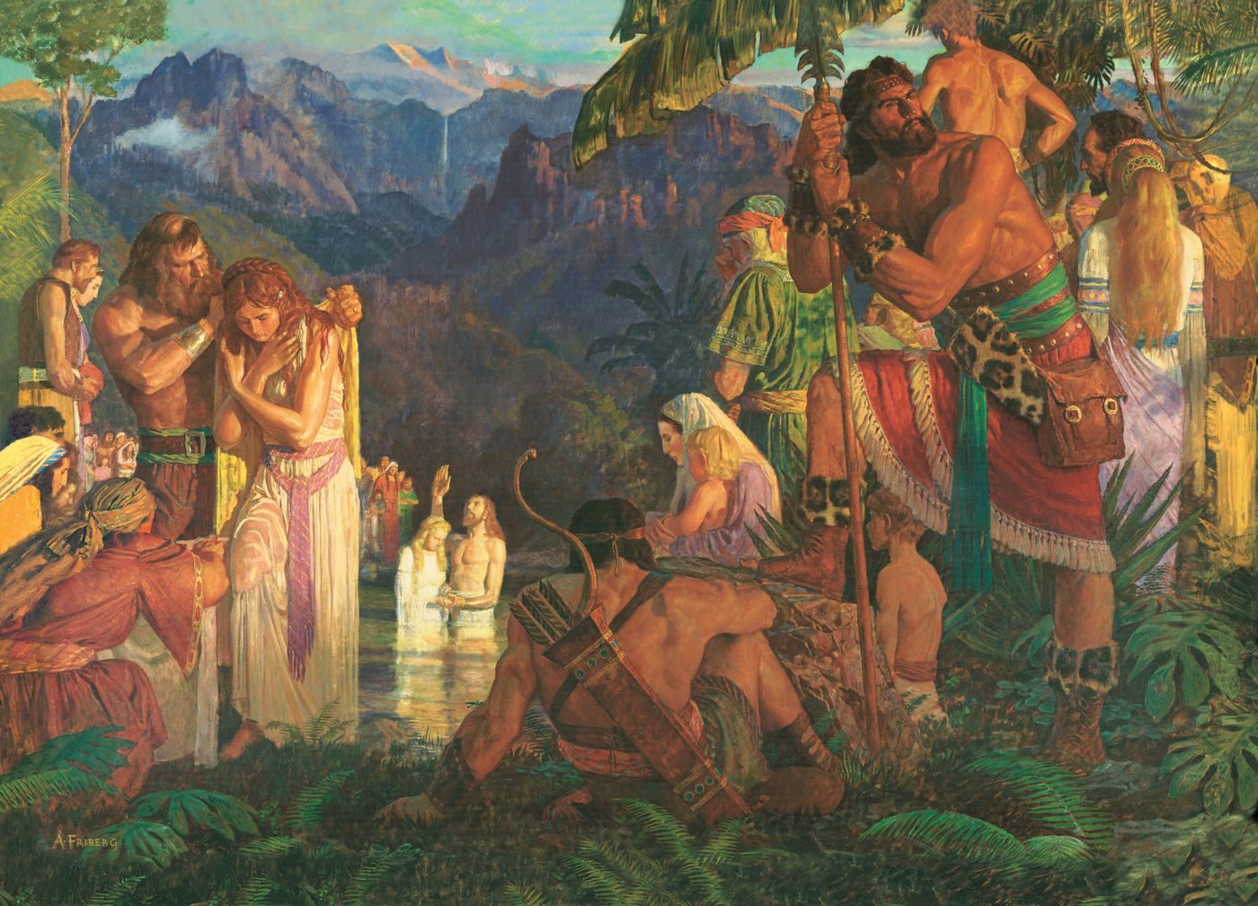 Minerva Teichert painting of Alma baptizing people in a forest pool at the Waters of Mormon