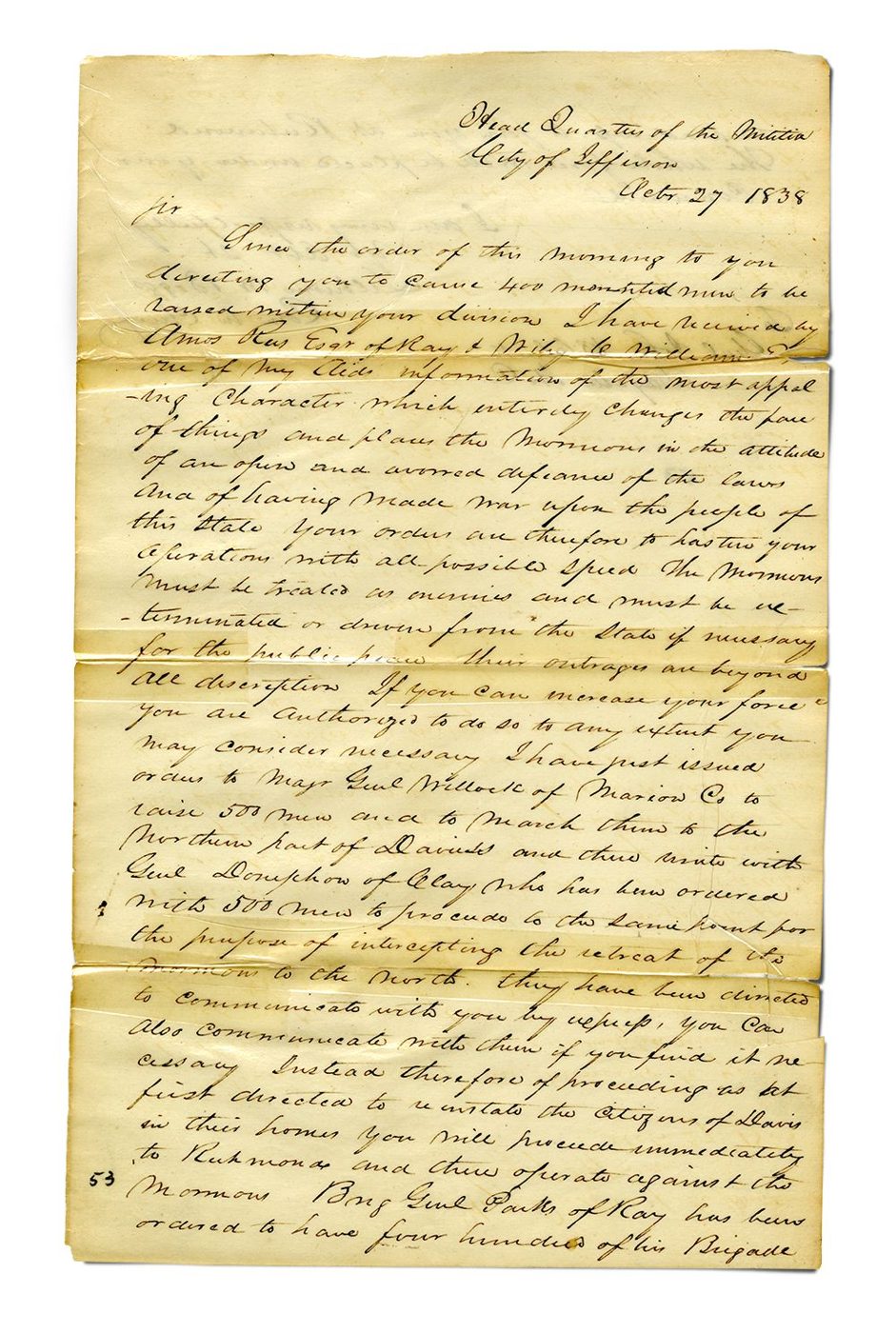 Handwritten 1838 letter from Governor Boggs to General John B. Clark, known as the extermination order