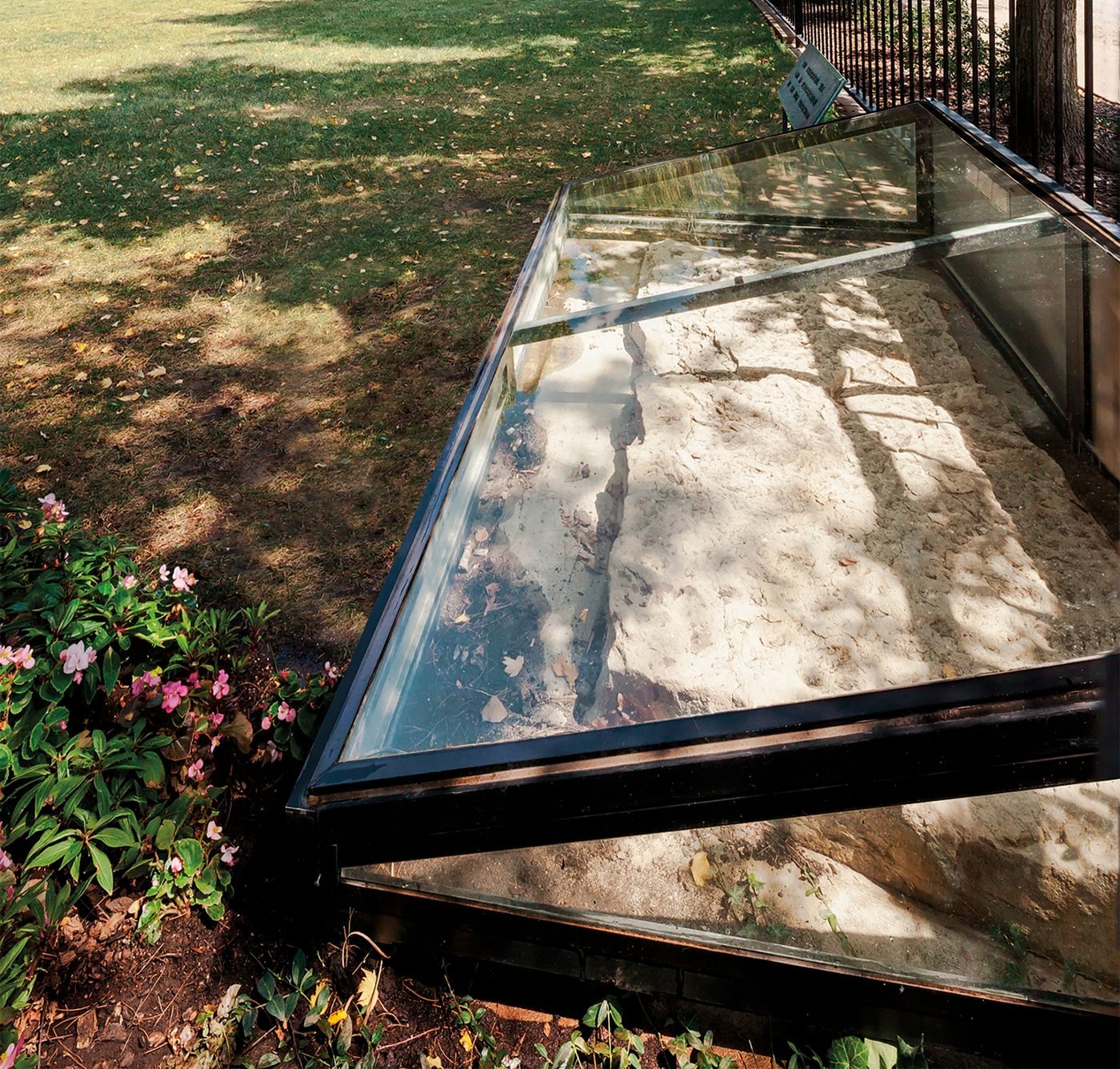 Glass-covered cornerstone at the Far West temple site in Missouri