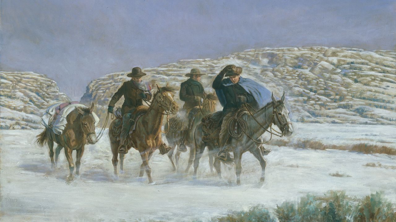 Painting of rescuers on horseback with pack animals riding through deep snow