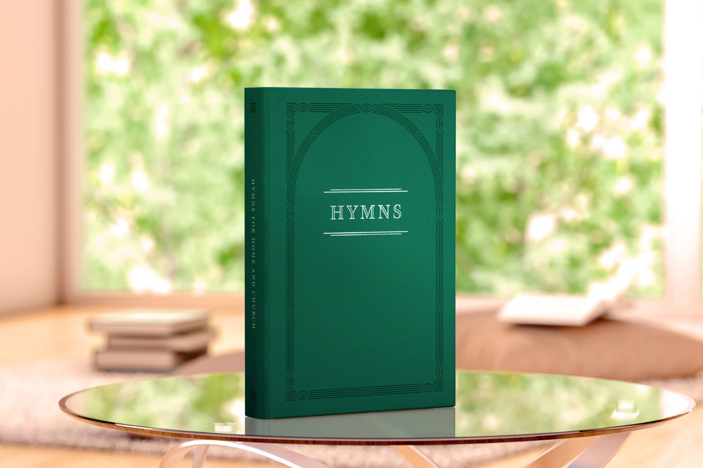 The green cover of the new hymnbook, Hymns for Home and Church, standing on a table
