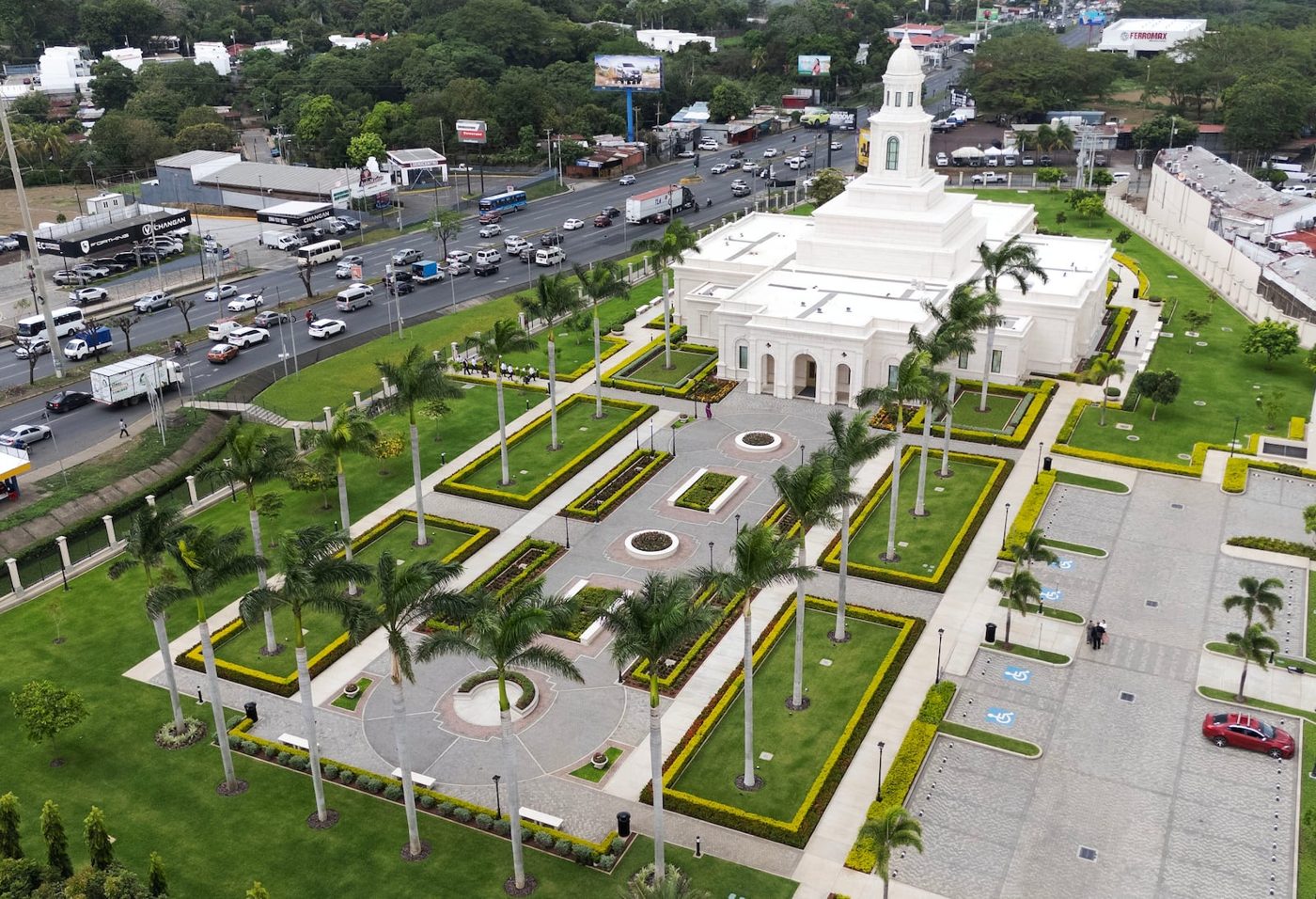 Aerial view of the white Managua Nicaragua Temple and its landscaped grounds