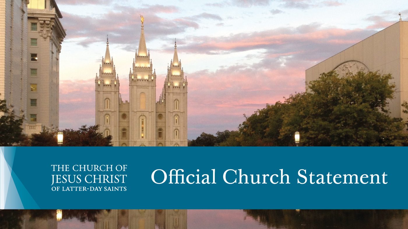 Church statement graphic over Temple Square at dusk, used for the First Presidency message on Pope Leo XIV