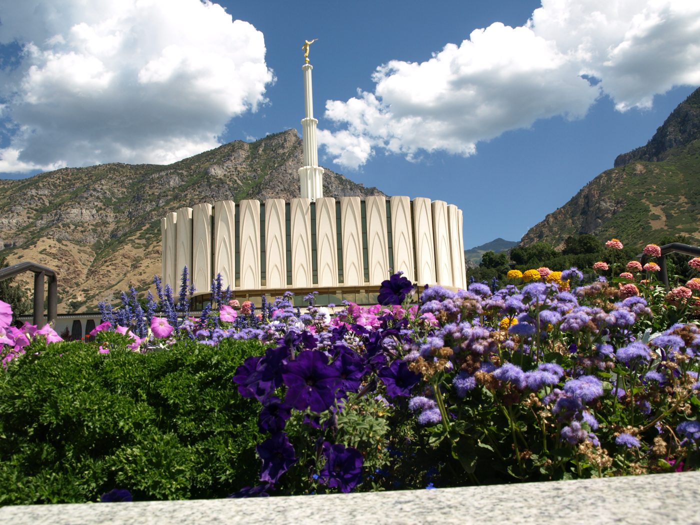 The Provo Utah Temple with mountains behind and flowers in the foreground