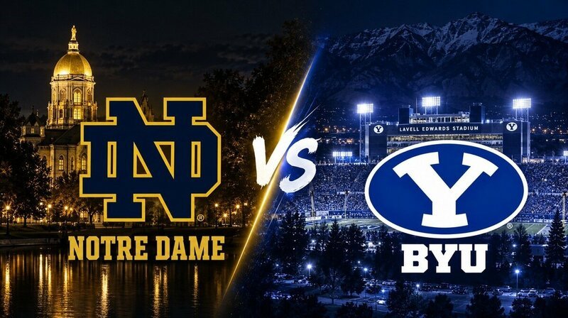 Graphic of the Notre Dame Golden Dome and ND logo on the left and LaVell Edwards Stadium and the BYU Y logo on the right, split by a glowing "VS"